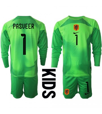 Nederländerna Remko Pasveer #1 Målvakt Hemmaställ Barn VM 2022 Långärmad (+ Korta byxor)